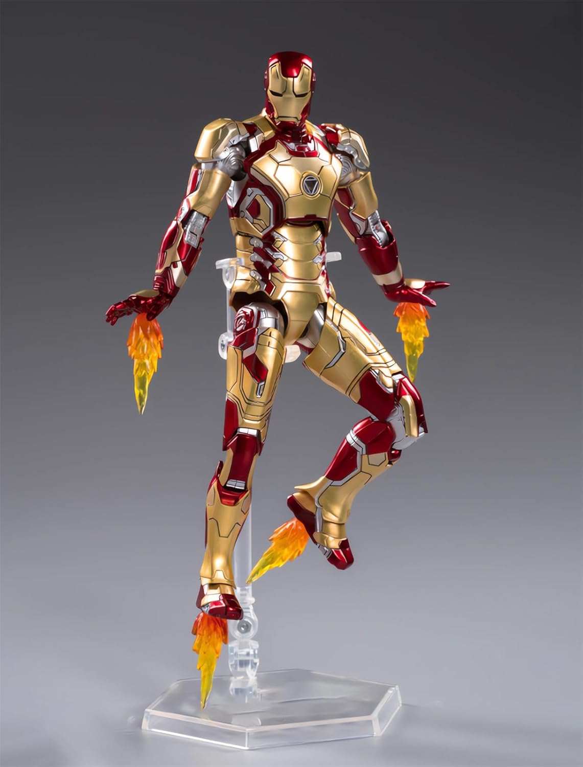 Articulated Iron Man Mark 42 figure in 1:10 scale with interchangeable hands for dynamic repulsor firing combat poses