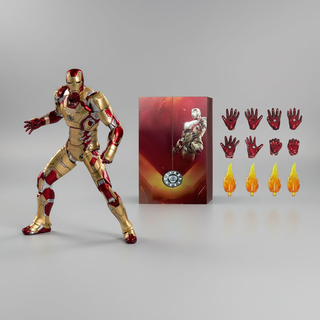 Poseable Mark 42 Iron Man collectible with red and gold armor plating and repulsor blasts for display shelf decor