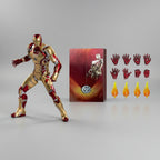 Poseable Mark 42 Iron Man collectible with red and gold armor plating and repulsor blasts for display shelf decor