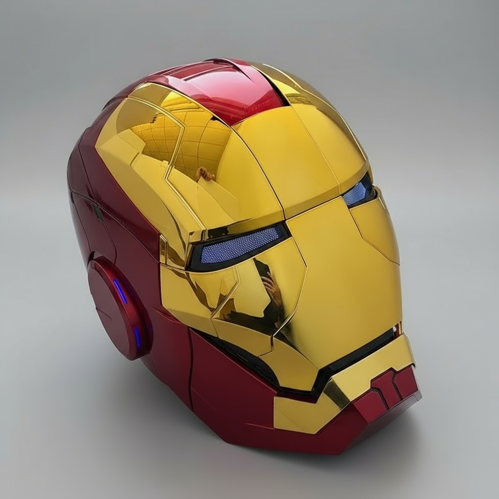 Gold motorized faceplate Iron Man MK5 helmet with combat mode red eyes and Jarvis voice control for cosplay