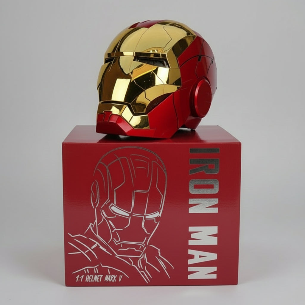 Gold combat mode red eyes Iron Man MK5 wearable helmet with Jarvis voice control and motorized mask for fans