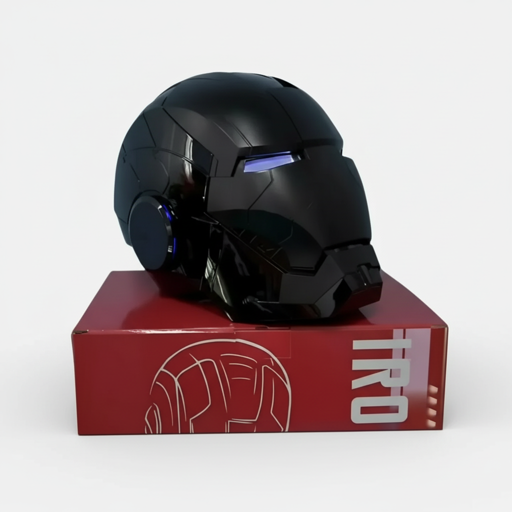 Iron Man MK5 helmet with motorized faceplate and blue eyes, a wearable metal mask for Marvel cosplay collectors MK5-60CM-BLK-BLUE
