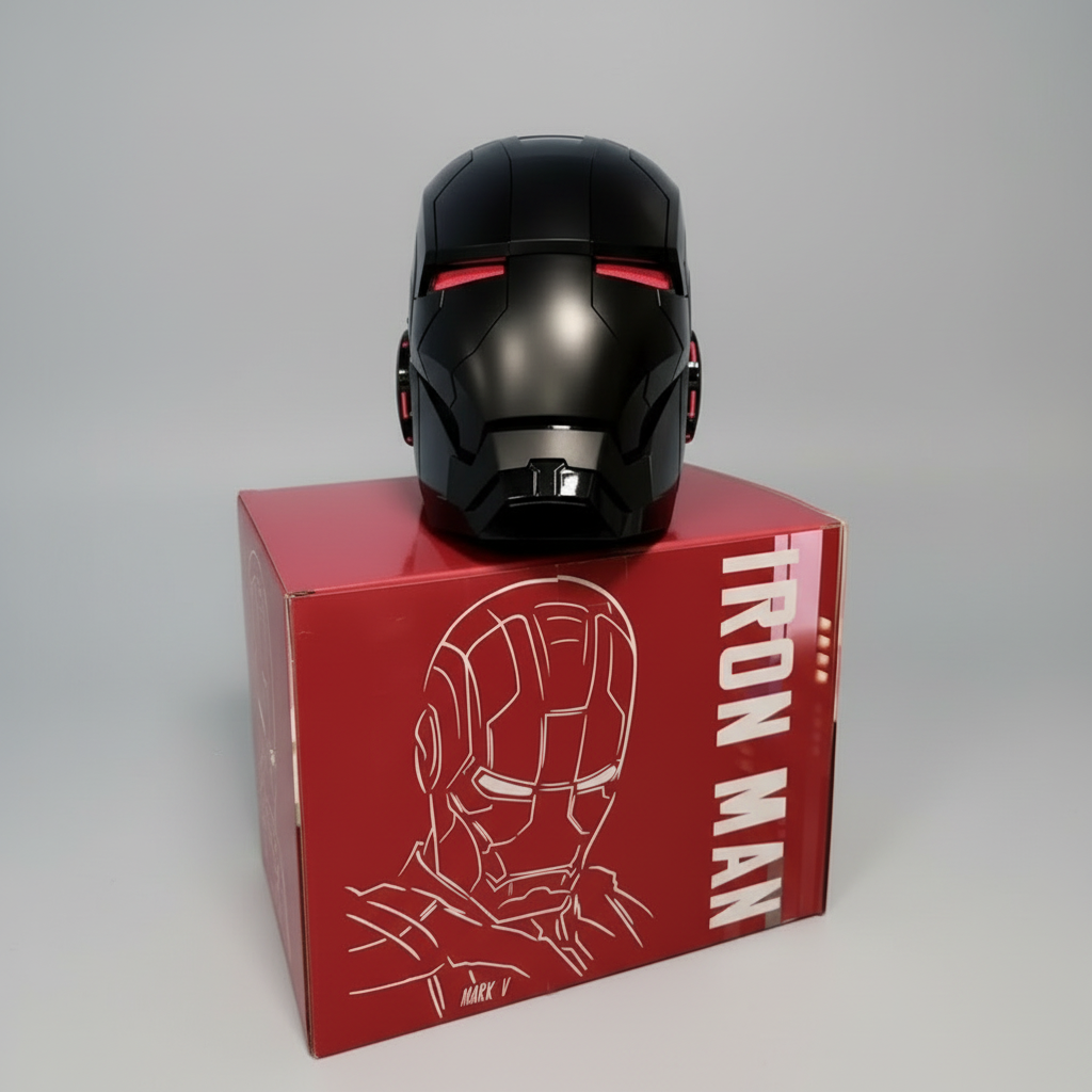 Iron Man MK5 helmet with red LED combat eyes and JARVIS voice control, a wearable Marvel cosplay metal mask MK5-60CM-BLK-RED