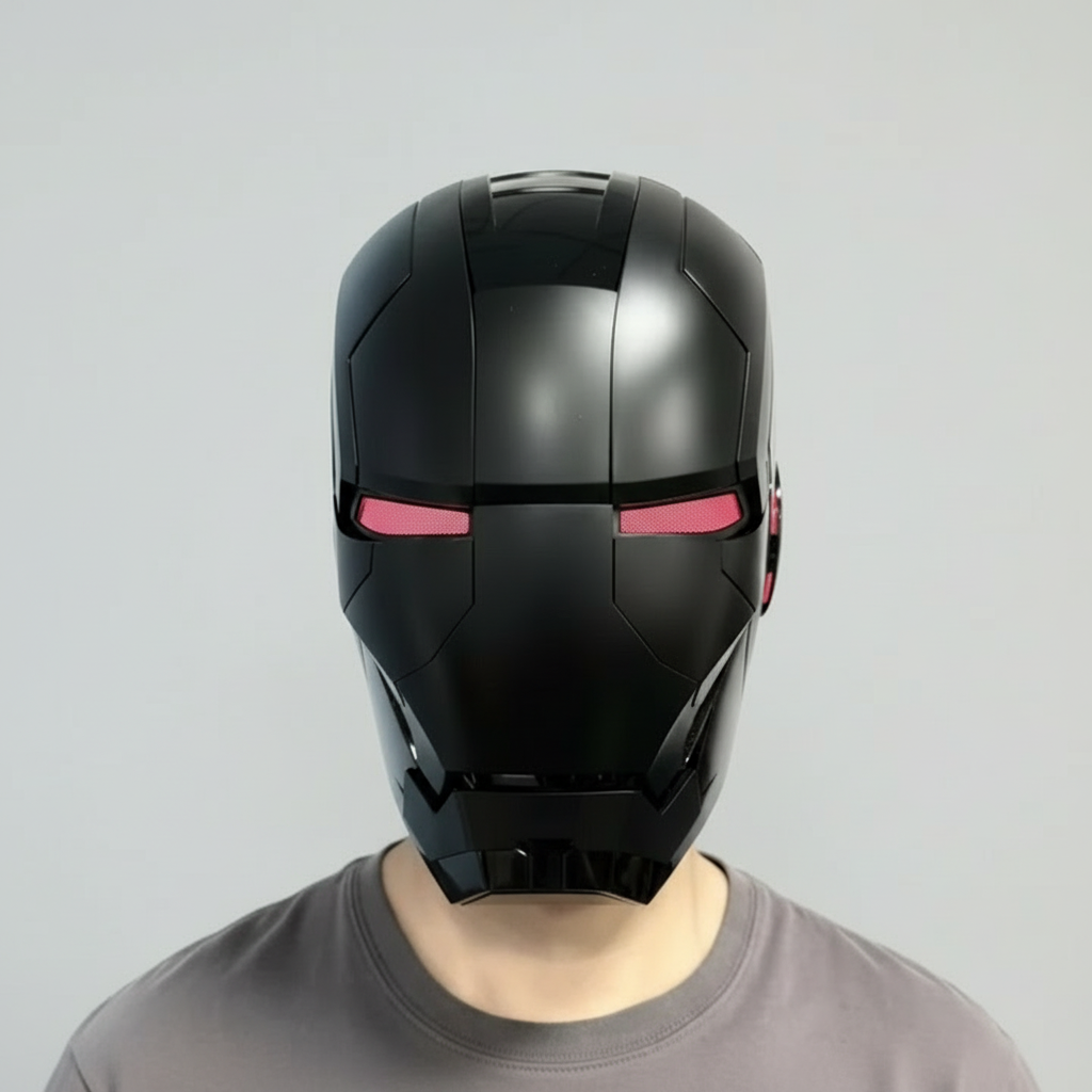 Black Iron Man MK5 helmet with motorized faceplate and red eyes for wearable Marvel cosplay and costume display MK5-60CM-BLK-RED