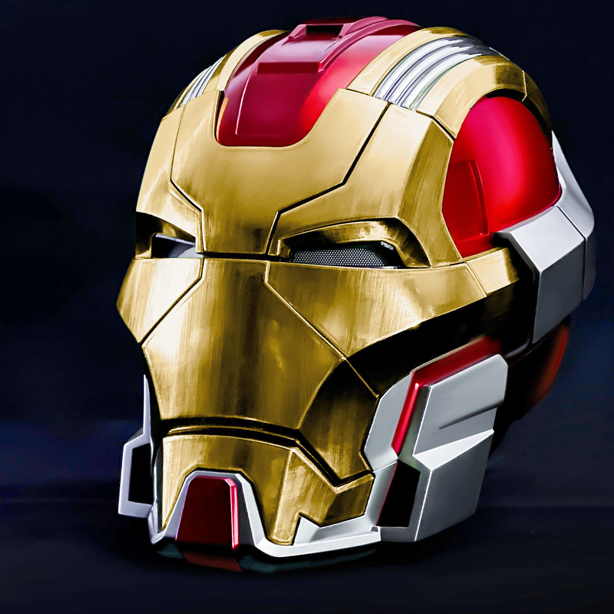 Iron Man MK17 helmet in gold finish with motorized faceplate and voice control, a wearable Marvel cosplay mask MK17-60CM-GLD