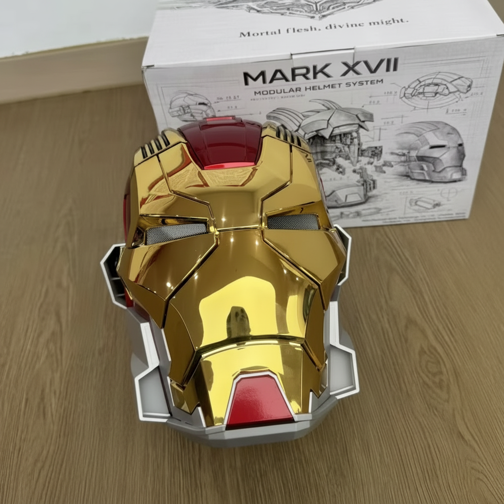 Gold Iron Man MK17 wearable metal mask with motorized faceplate, a Marvel cosplay helmet and collector gift MK17-60CM-GLD