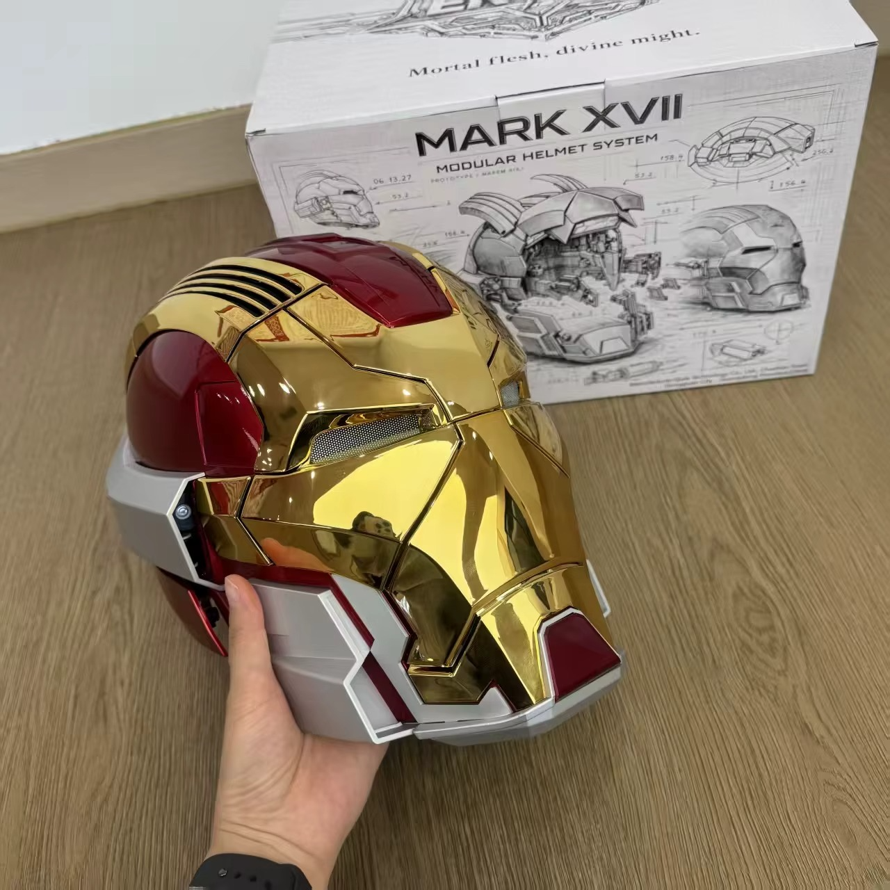 Iron Man MK17 gold helmet with 2.4G remote and touch controlled LED eyes for wearable Marvel cosplay costume MK17-60CM-GLD