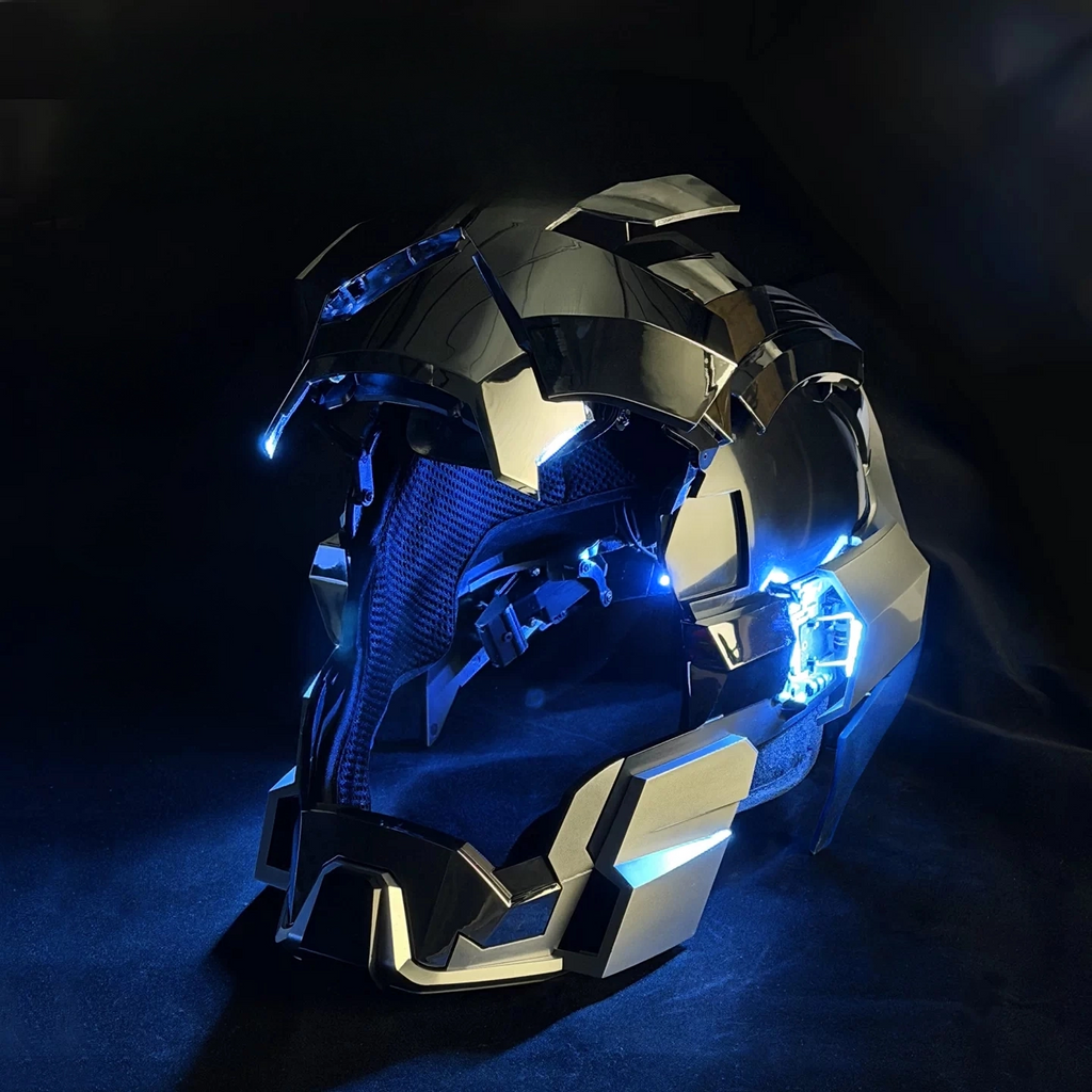 Iron Man MK17 helmet in silver finish with motorized faceplate and 2.4G remote, a wearable Marvel cosplay mask MK5-60CM-BLK-MK17