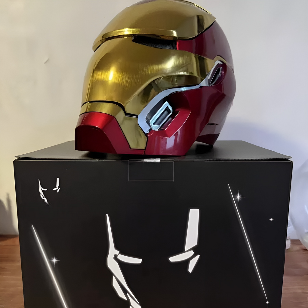 Iron Man MK50 helmet in gold finish with motorized faceplate and 2.4G remote, a wearable Marvel cosplay mask MK50-60CM-GLD