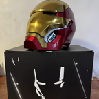 Iron Man MK50 helmet in gold finish with motorized faceplate and 2.4G remote, a wearable Marvel cosplay mask MK50-60CM-GLD