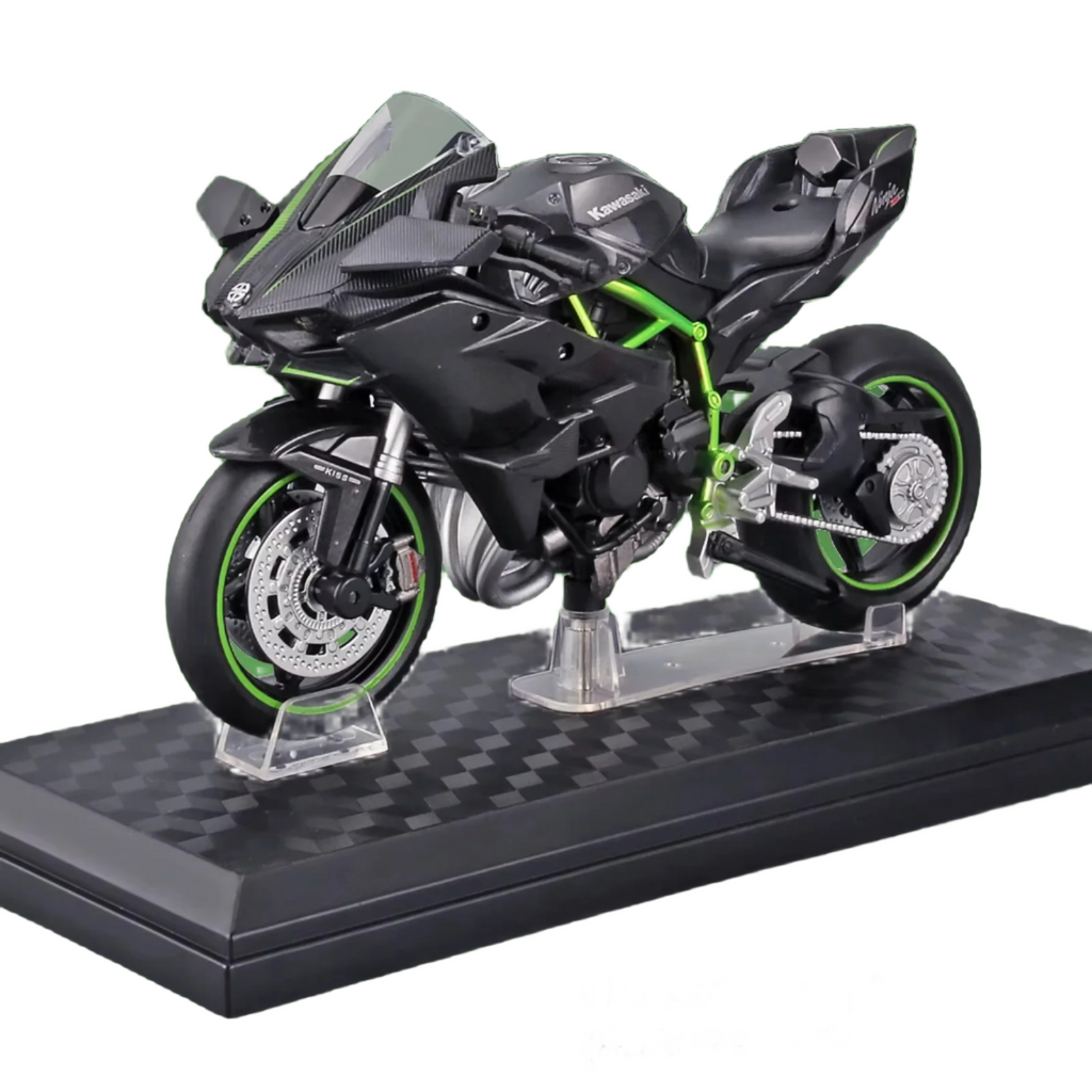Kawasaki Ninja H2R 1:12 die-cast motorcycle model in zinc alloy on a display base for desk and shelf collectors
