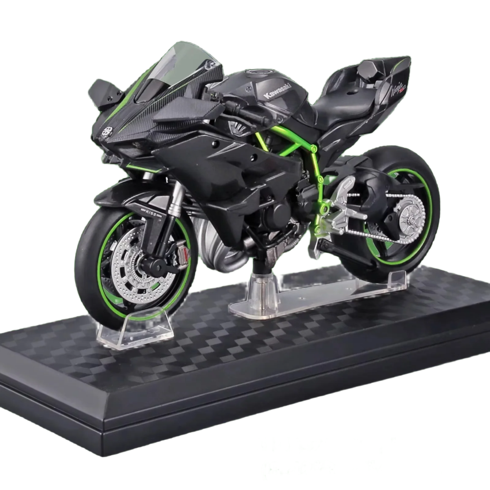 Kawasaki Ninja H2R 1:12 die-cast motorcycle model in zinc alloy on a display base for desk and shelf collectors