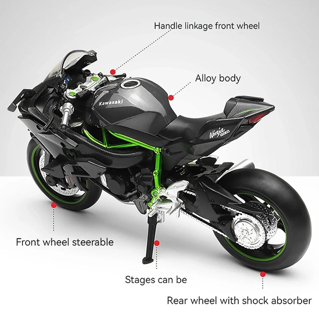 Die-cast Ninja H2R model with a steerable front wheel and zinc alloy body built for collectors and motorcycle fans