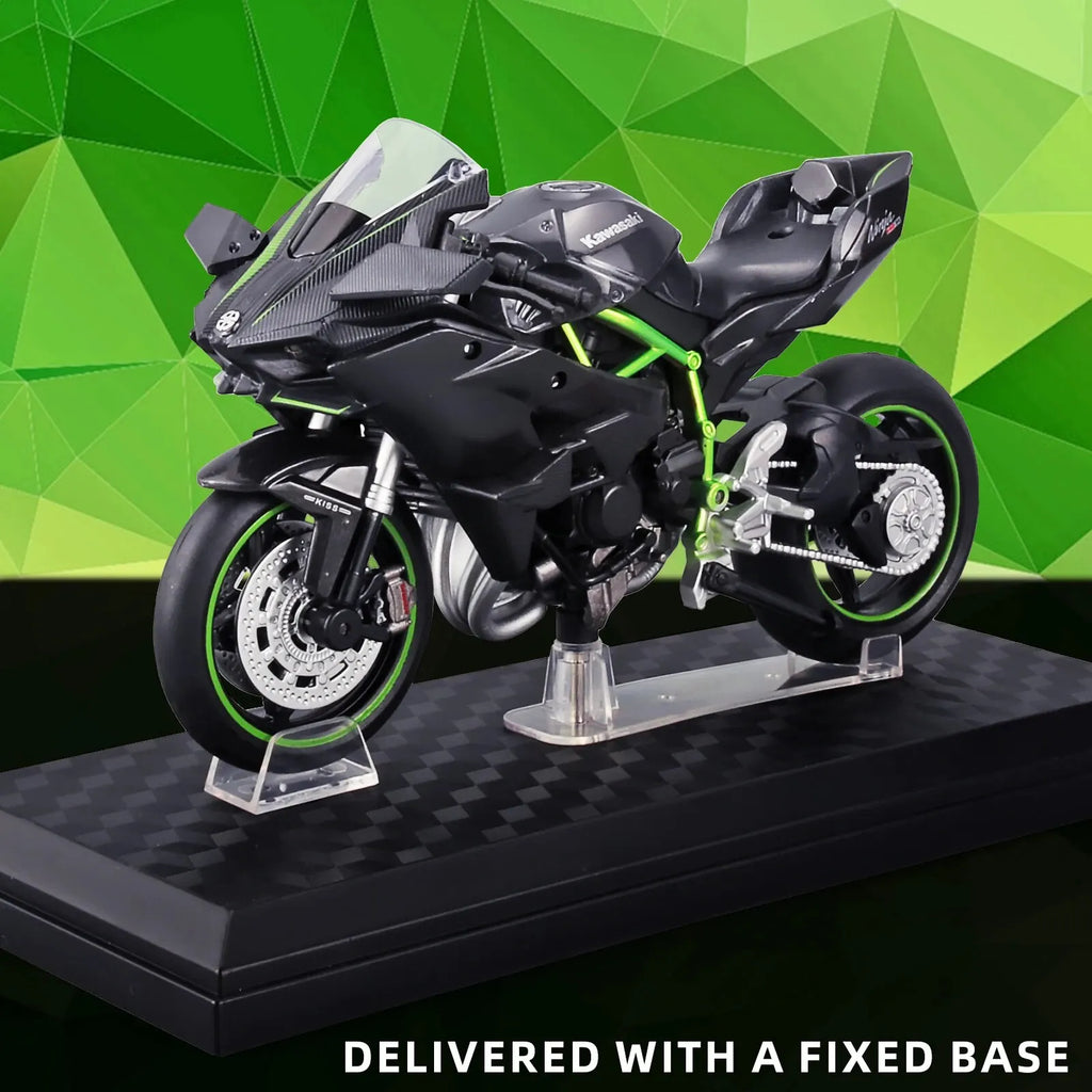 Kawasaki H2R superbike model on a fixed display base for a garage shelf, office desk, and collector gift setup
