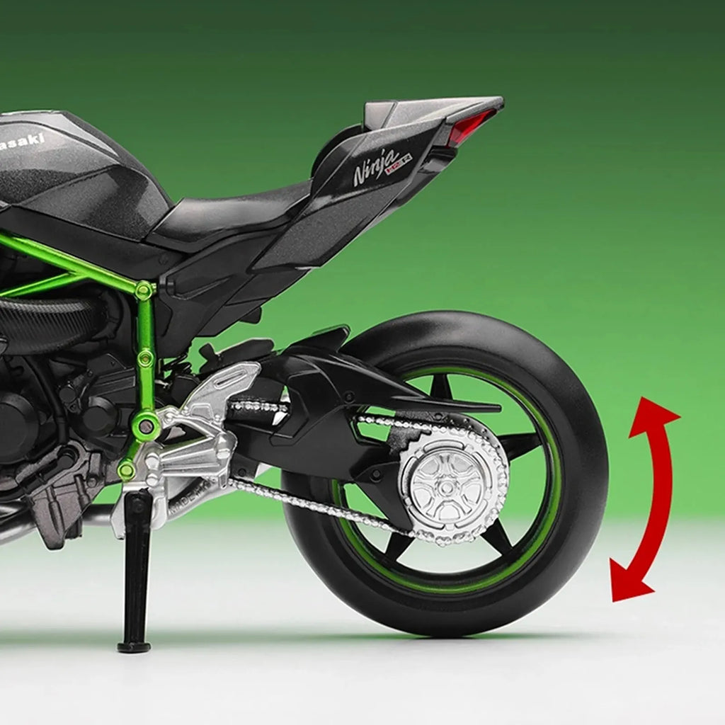 Ninja H2R die-cast model with a working rear shock absorber and chain drive for detailed motorsport collectors
