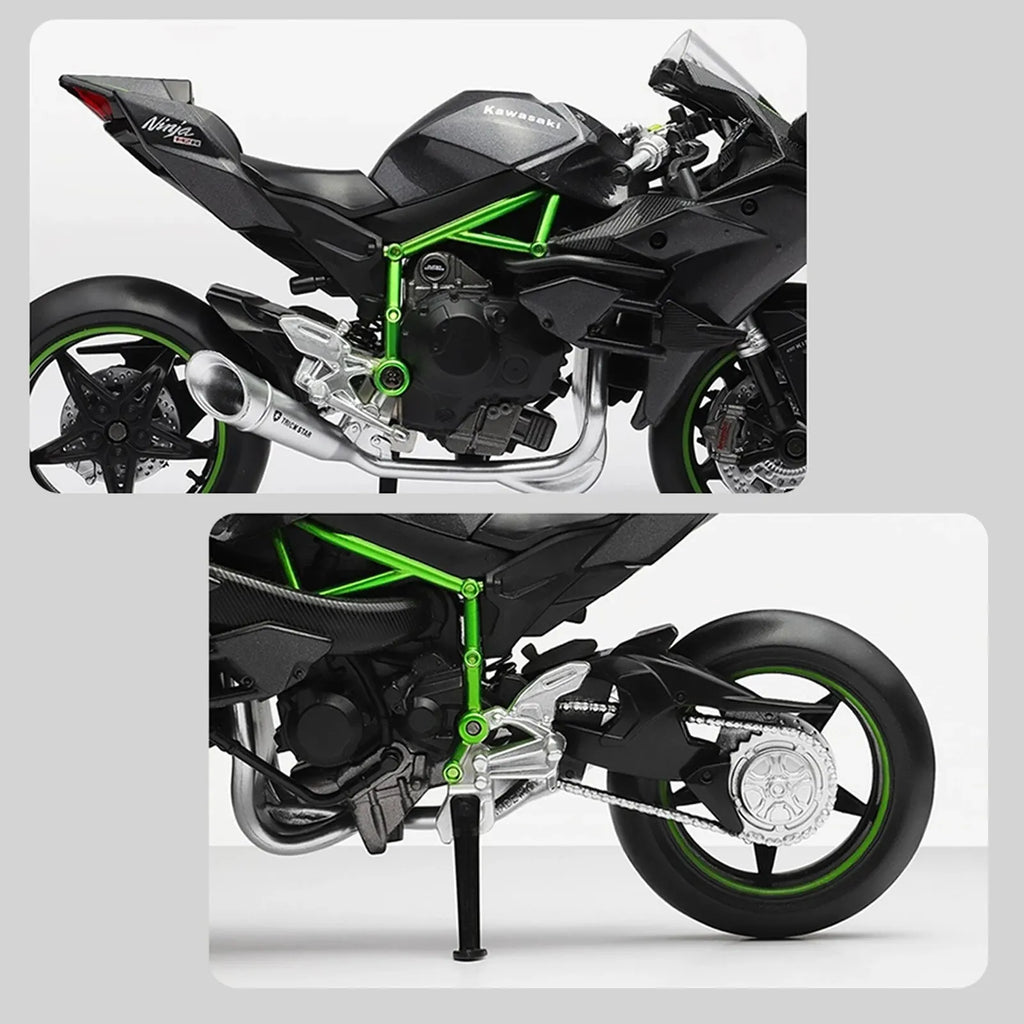 1:12 Kawasaki Ninja H2R replica with a metal exhaust and green frame engine detail for superbike model collectors