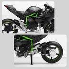 1:12 Kawasaki Ninja H2R replica with a metal exhaust and green frame engine detail for superbike model collectors
