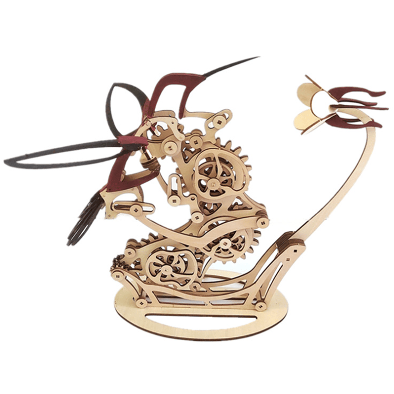 Kinetic hummingbird sculpture, a wooden mechanical model with moving wings and gears for desk decor and gift giving