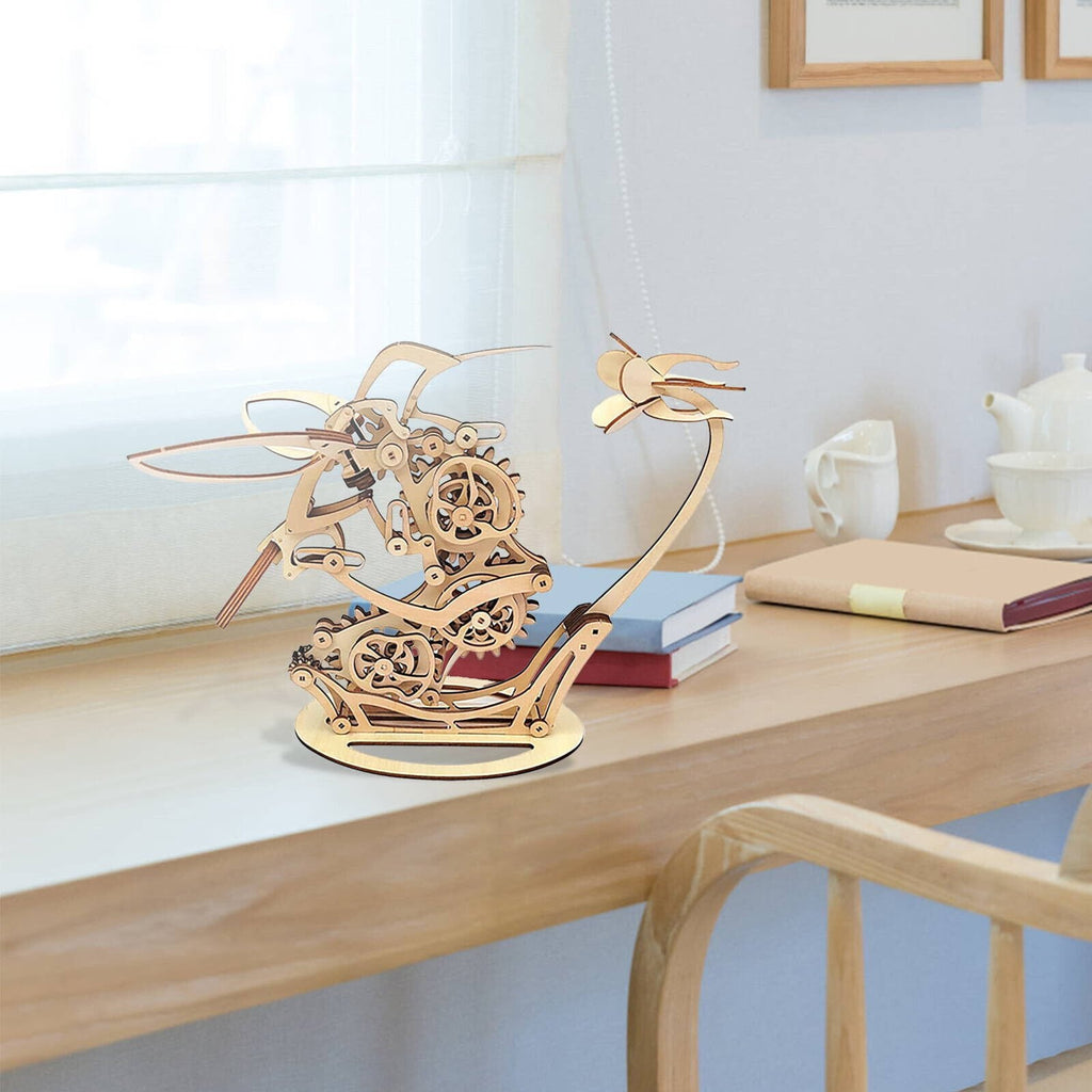 3D wooden hummingbird puzzle kit assembled as a windowsill display, kinetic model gift for craft hobbyists