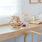 3D wooden hummingbird puzzle kit assembled as a windowsill display, kinetic model gift for craft hobbyists