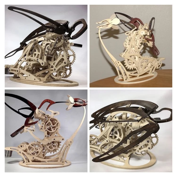 Mechanical hummingbird wood sculpture shown from several angles, cam and gear automata kit for hobby model builders