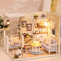 Furnished 1:24 dollhouse room with a calico kitten figure, LED lamps and dust cover, a cozy build-it-yourself kit for cat lovers