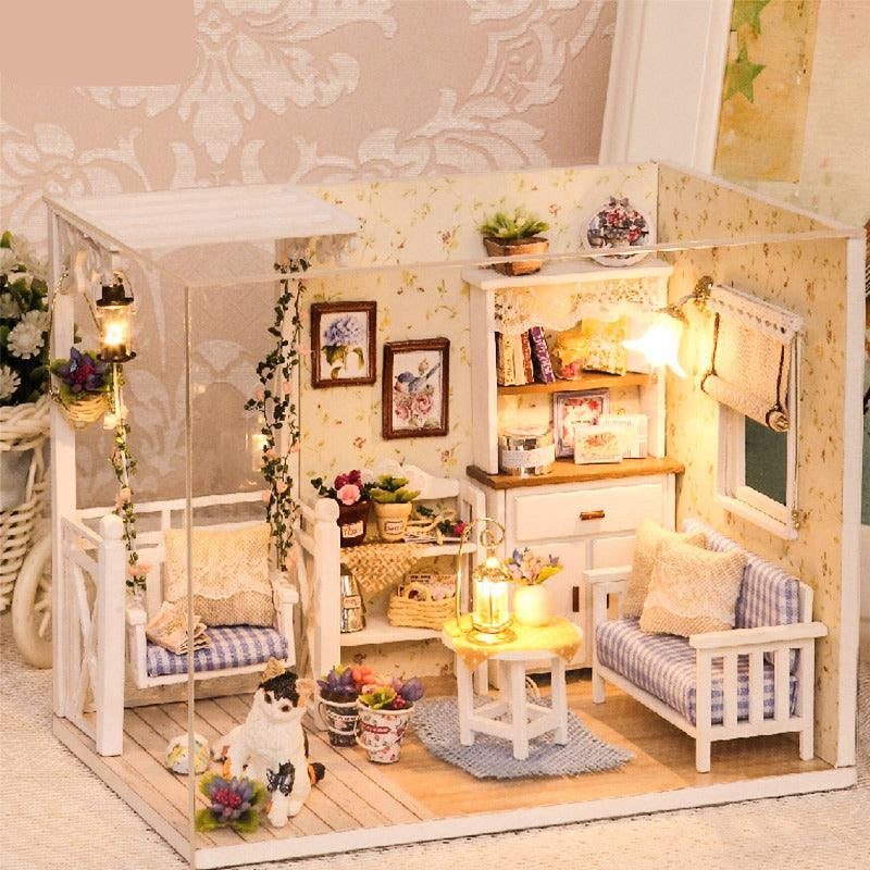Furnished 1:24 dollhouse room with a calico kitten figure, LED lamps and dust cover, a cozy build-it-yourself kit for cat lovers