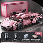 Pink motorized supercar kit with drive motor, servo steering and wireless remote, a 1:14 brick built RC car for young builders