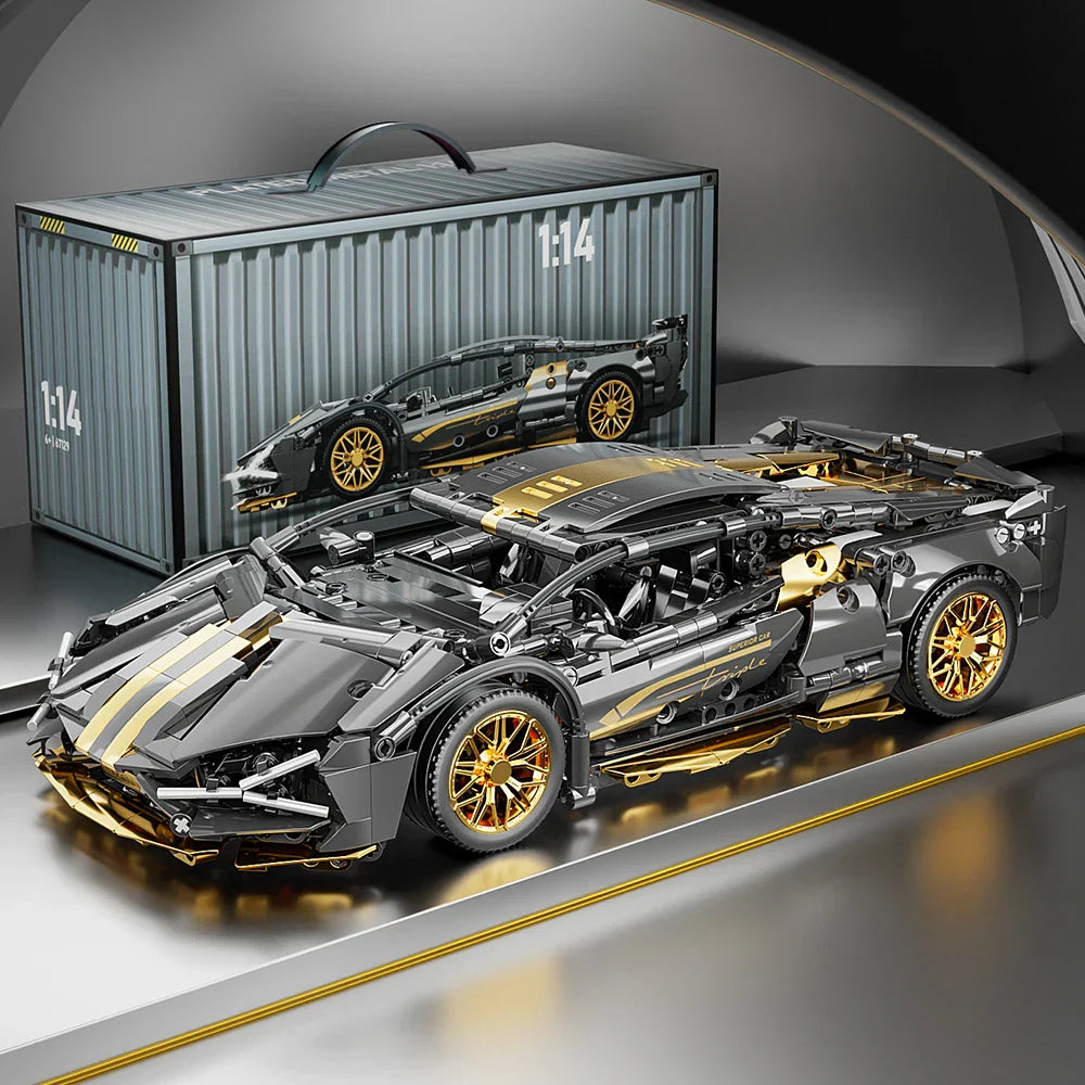 Gold and black metallic supercar built from bricks, a 1:14 scale display model with flash gold wheels for a collector shelf
