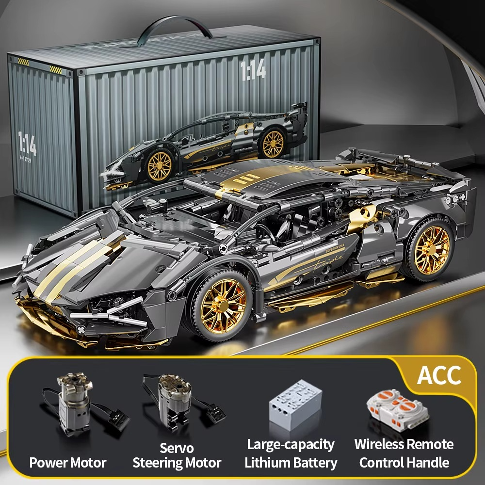 Metallic black supercar model kit with gold accents, a drive motor, servo steering and remote handle for motorized 1:14 play