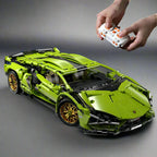 Green remote control supercar you build from blocks then drive by wireless handle, a motorized RC car for kids and teens