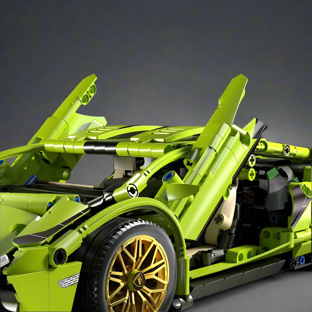 Green building blocks supercar with opening doors and a detailed engine bay, an intricate 1:14 model kit for hobby builders