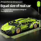 Green 1:14 scale supercar about 36 cm long once built, a large brick model racing car for shelf display and RC driving