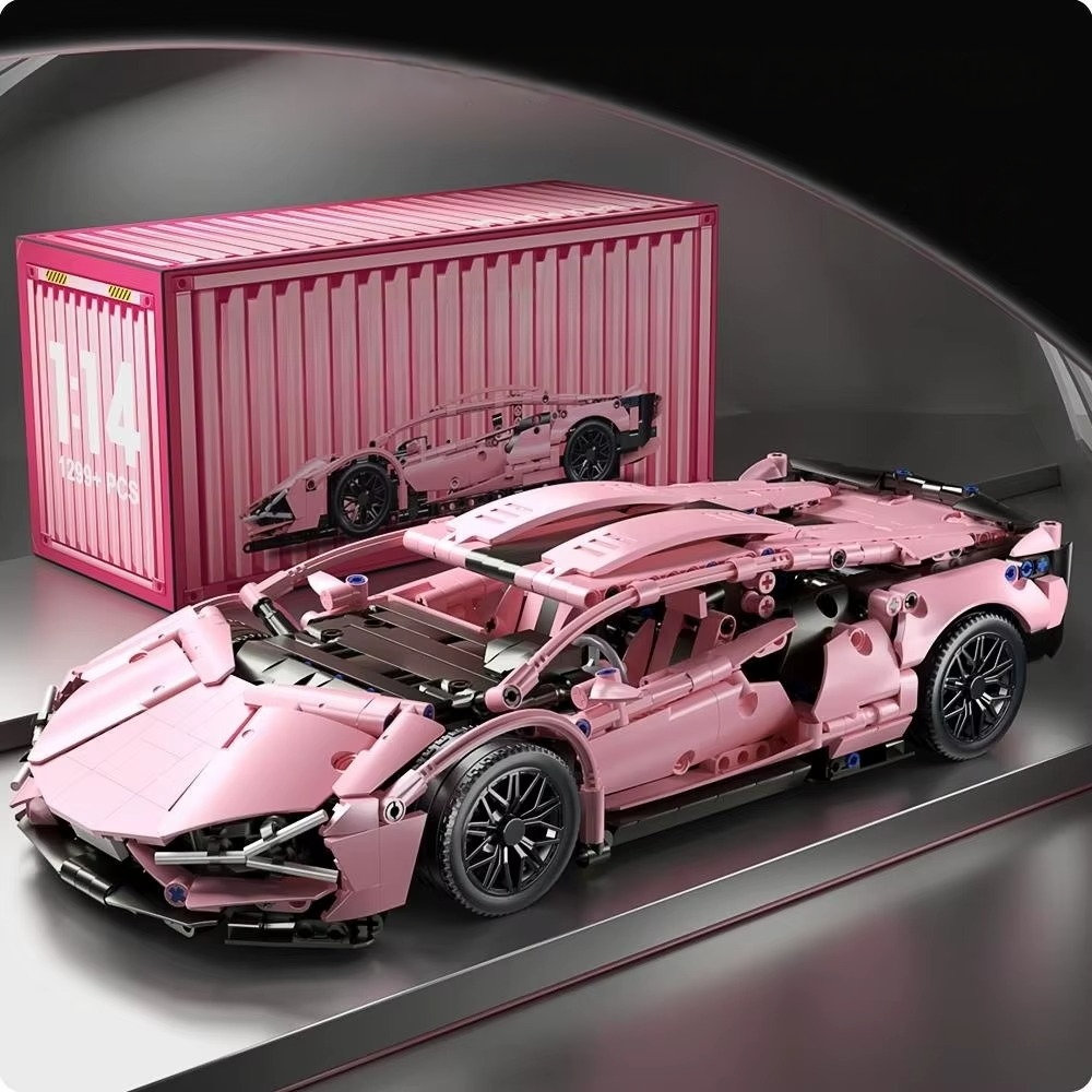 Pink building blocks supercar in 1:14 scale with over 1200 ABS bricks, a buildable RC racing car model to drive or display