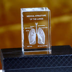 Laser etched crystal lung anatomy model with labeled bronchial structures, a respiratory science paperweight and study aid