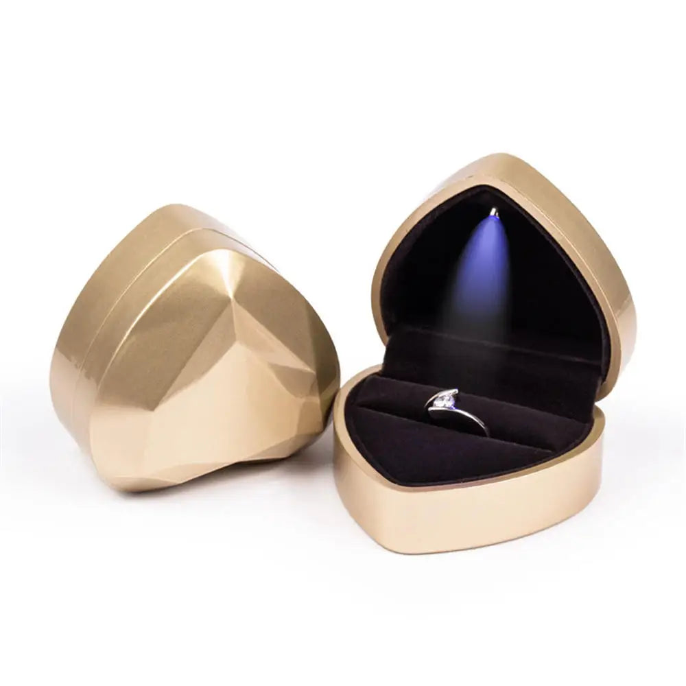 Gold heart shaped LED ring box with a faceted shell and automatic light for a luxury proposal and wedding gift B-Gold