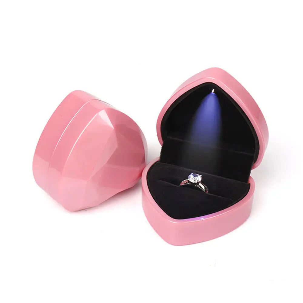 Pink heart shaped LED ring box that lights up for a sweet marriage proposal and an anniversary keepsake for her B-Pink