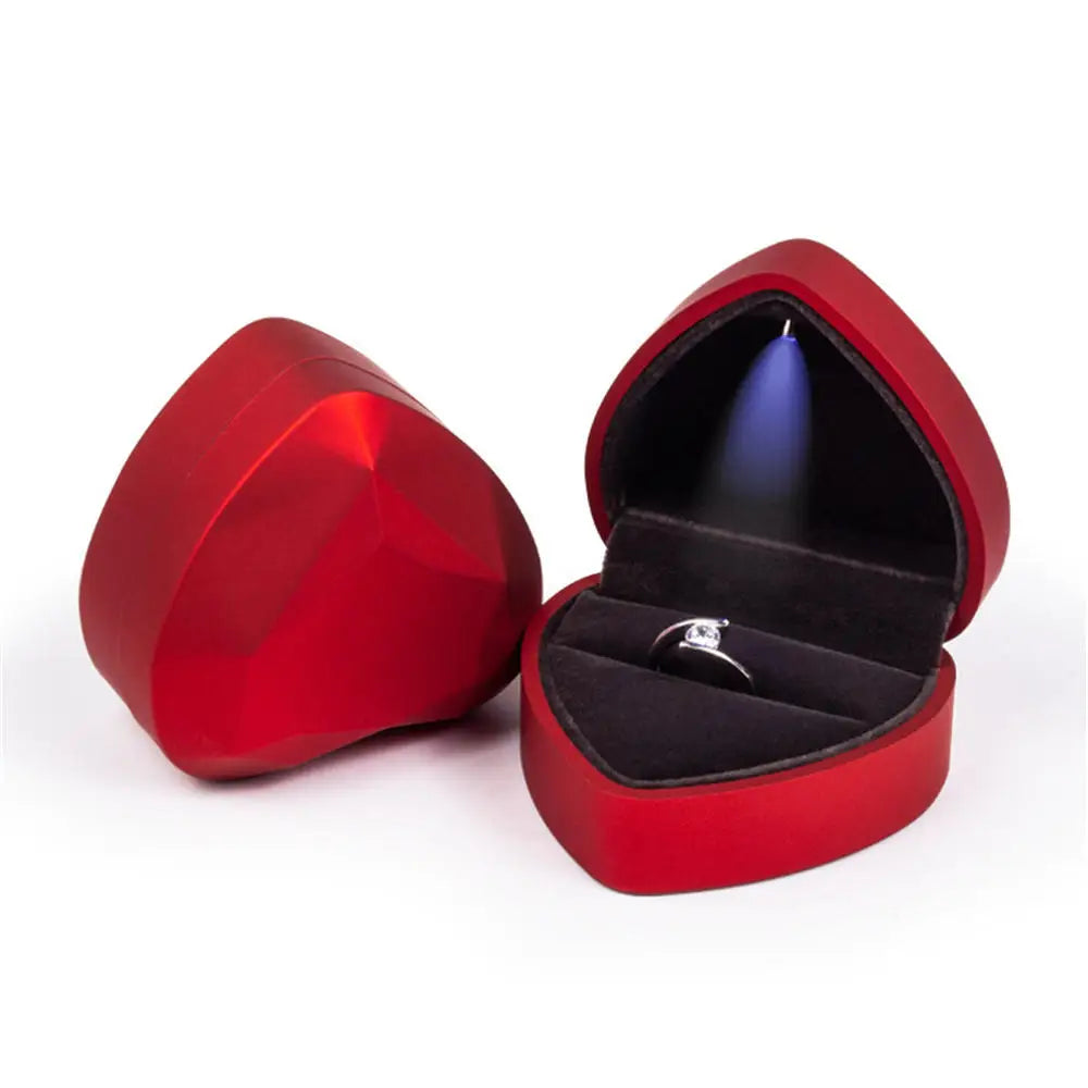 Red heart shaped LED ring box with automatic light for a Valentine marriage proposal and an anniversary gift B-Red