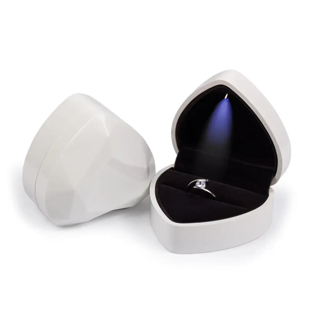 White heart shaped LED ring box with automatic light for a wedding proposal and a bridal engagement ring gift B-White