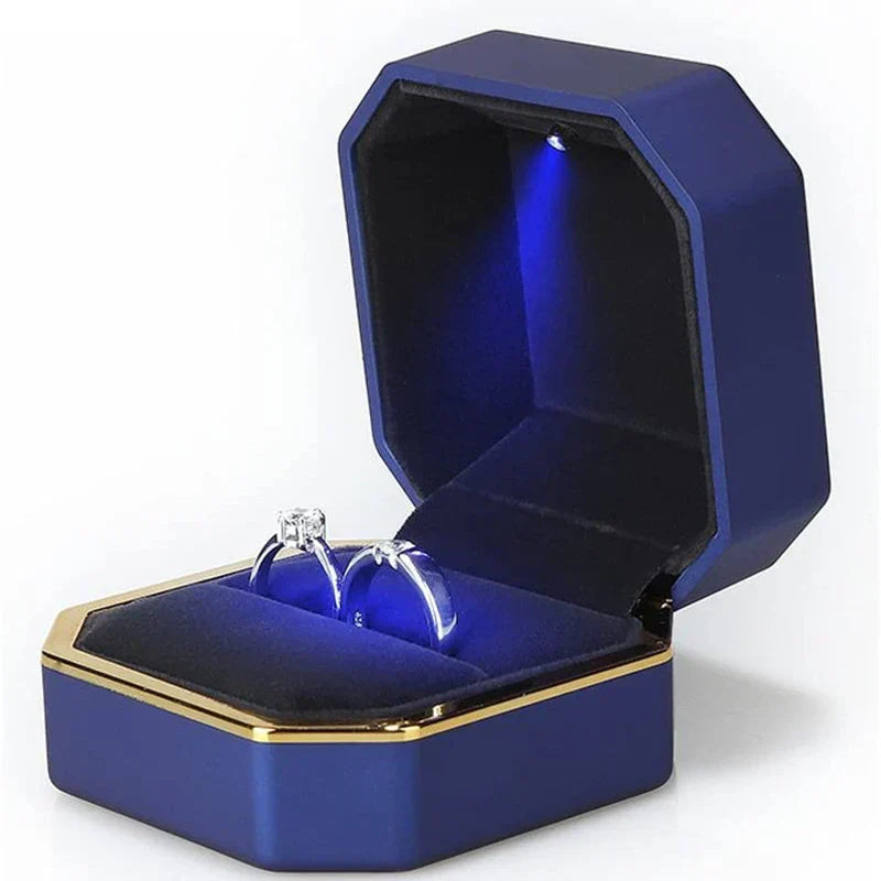 Blue octagonal LED ring box with gold trim and twin ring slots for a proposal engagement and wedding keepsake A-Blue