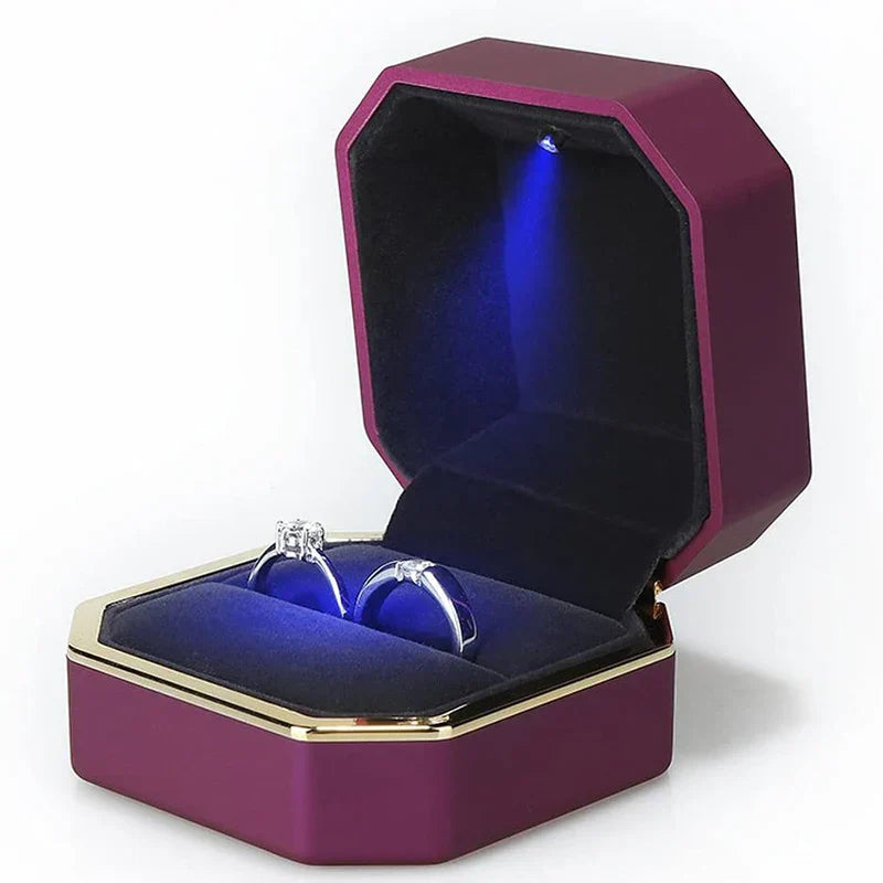 Purple octagonal LED ring box with automatic light and twin cushions for a couples proposal and wedding gift A-Purple