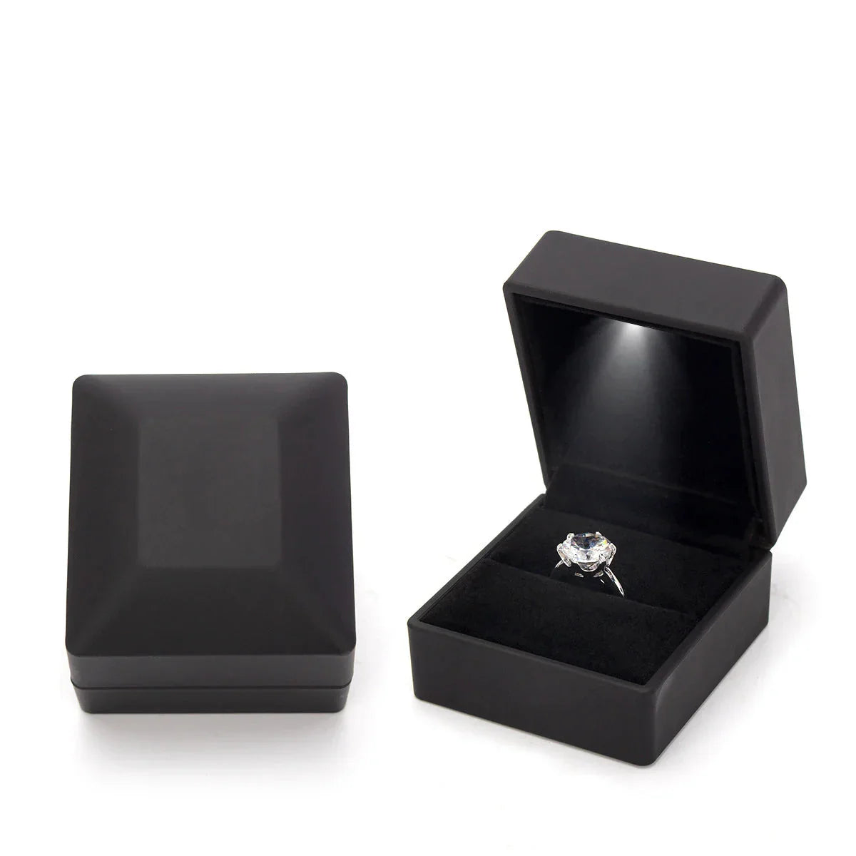 Black LED ring box with an automatic spotlight over a velvet slot for a nighttime proposal and engagement gift C-Black
