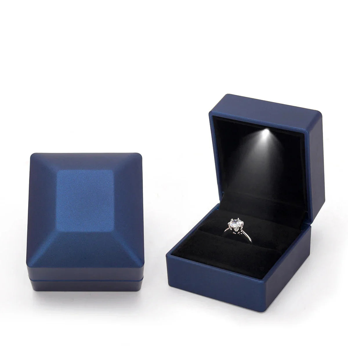 Blue LED ring box with a glossy shell and lit velvet interior for an engagement proposal and wedding keepsake C-Blue