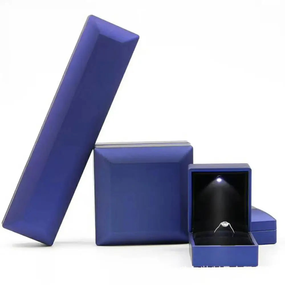 Blue LED jewelry box set with a necklace case and ring box lit by automatic light for an engagement gift set C-Blue