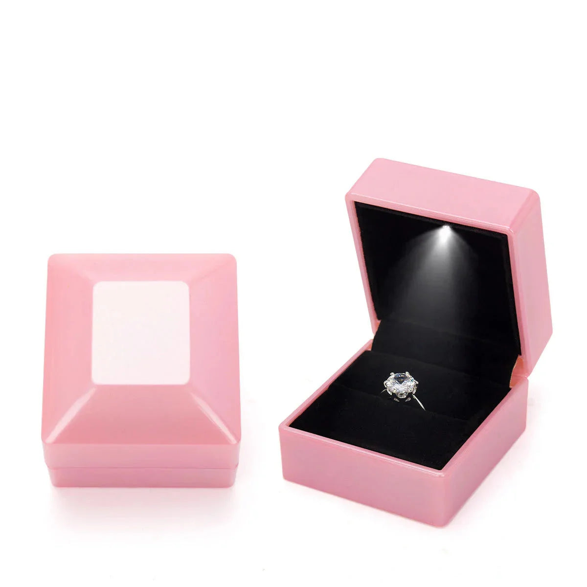 Pink LED ring box with a glossy shell and automatic light for a romantic proposal and a Valentine gift for her C-Pink
