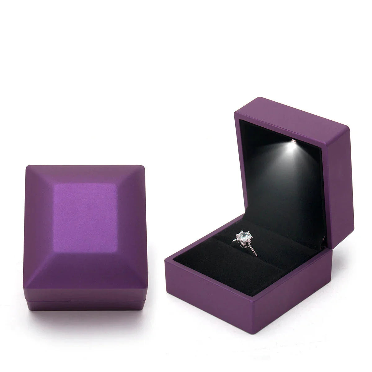 Purple LED ring box with automatic light and a black velvet cushion for a proposal and birthday ring surprise C-Purple
