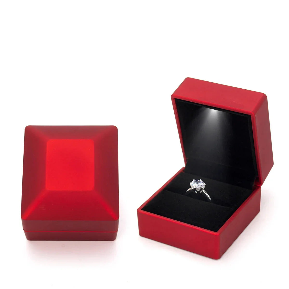 Red LED ring box with a glossy shell and black velvet interior for an engagement proposal and a wedding gift C-Red