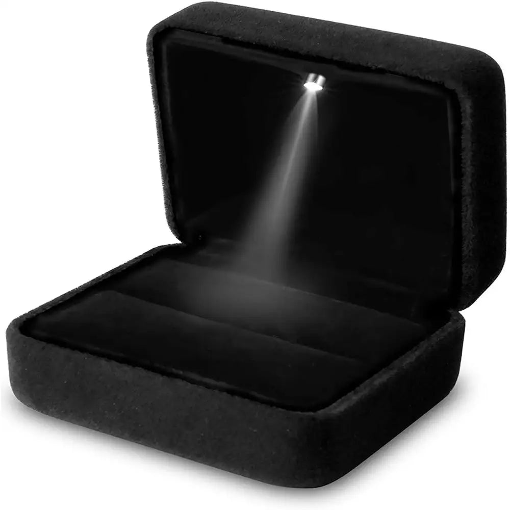 Black velvet LED ring box with a soft shell and automatic light for a discreet pocket proposal down on one knee D-Black