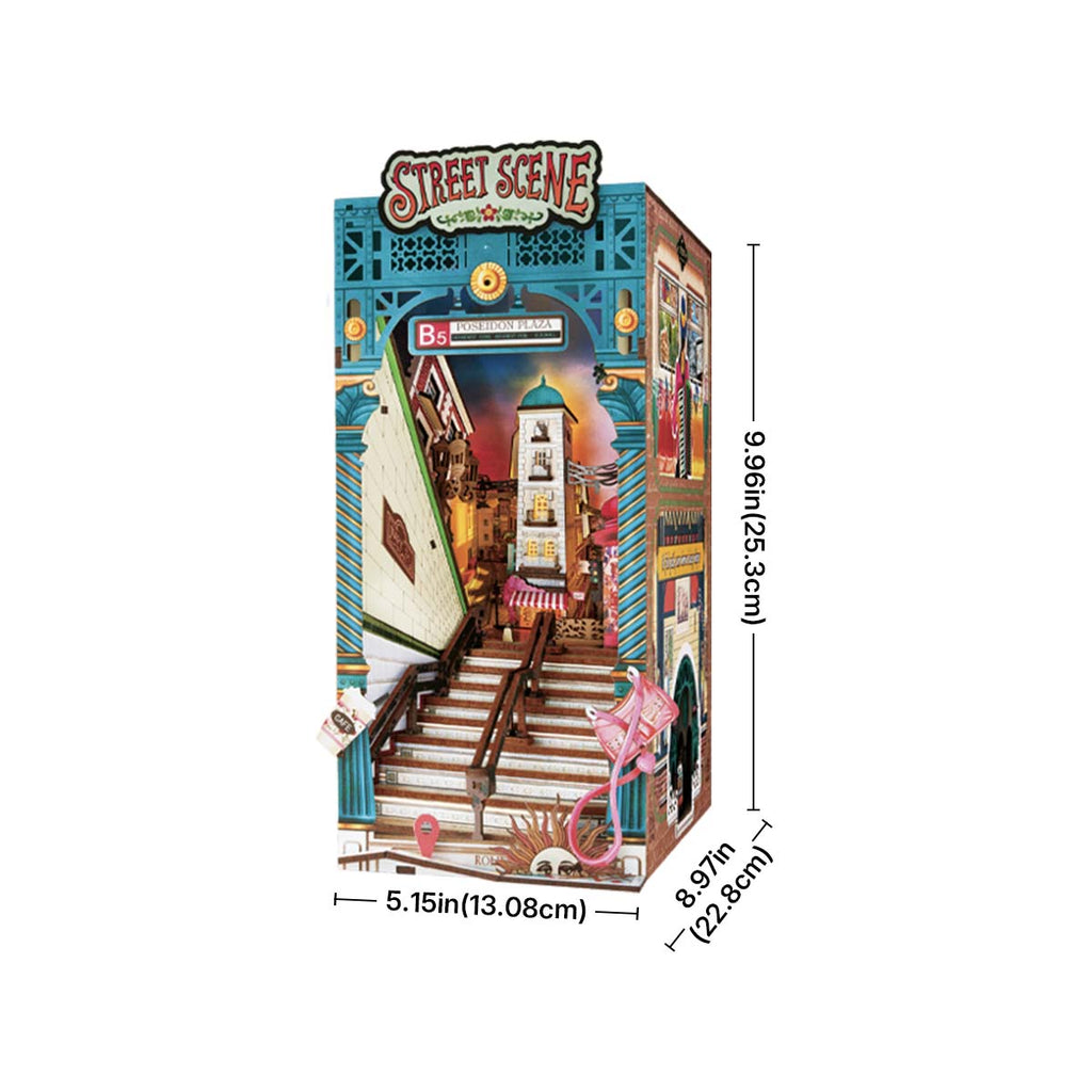 Wooden book nook kit contents and assembled dimensions for the 196 piece miniature street scene shelf insert