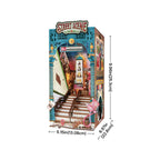 Wooden book nook kit contents and assembled dimensions for the 196 piece miniature street scene shelf insert